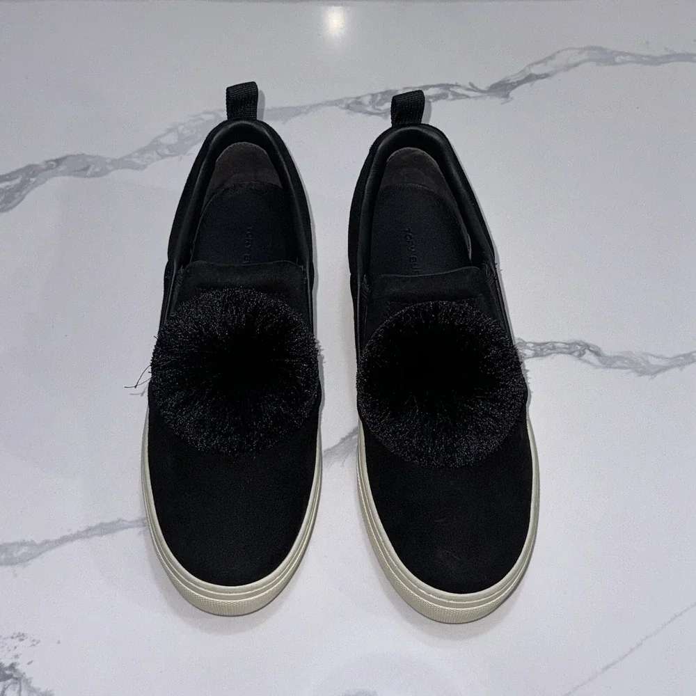 Tory Burch Pom Pom Designer Sneakers Shoes Black Women's Size 7.5